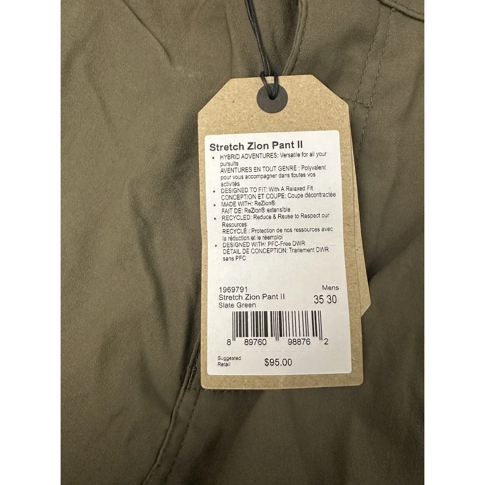 Prana Stretch Zion Pants II Men's Size 35x30 Relaxed Straight Fit Slate Green